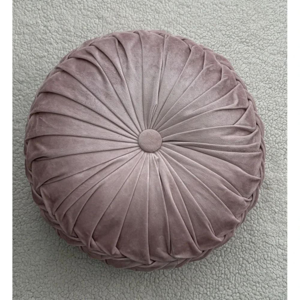 Round Velvet Throw Pillow Pumpkin Light Pink Blush Tufted Pleated Cushion Decor